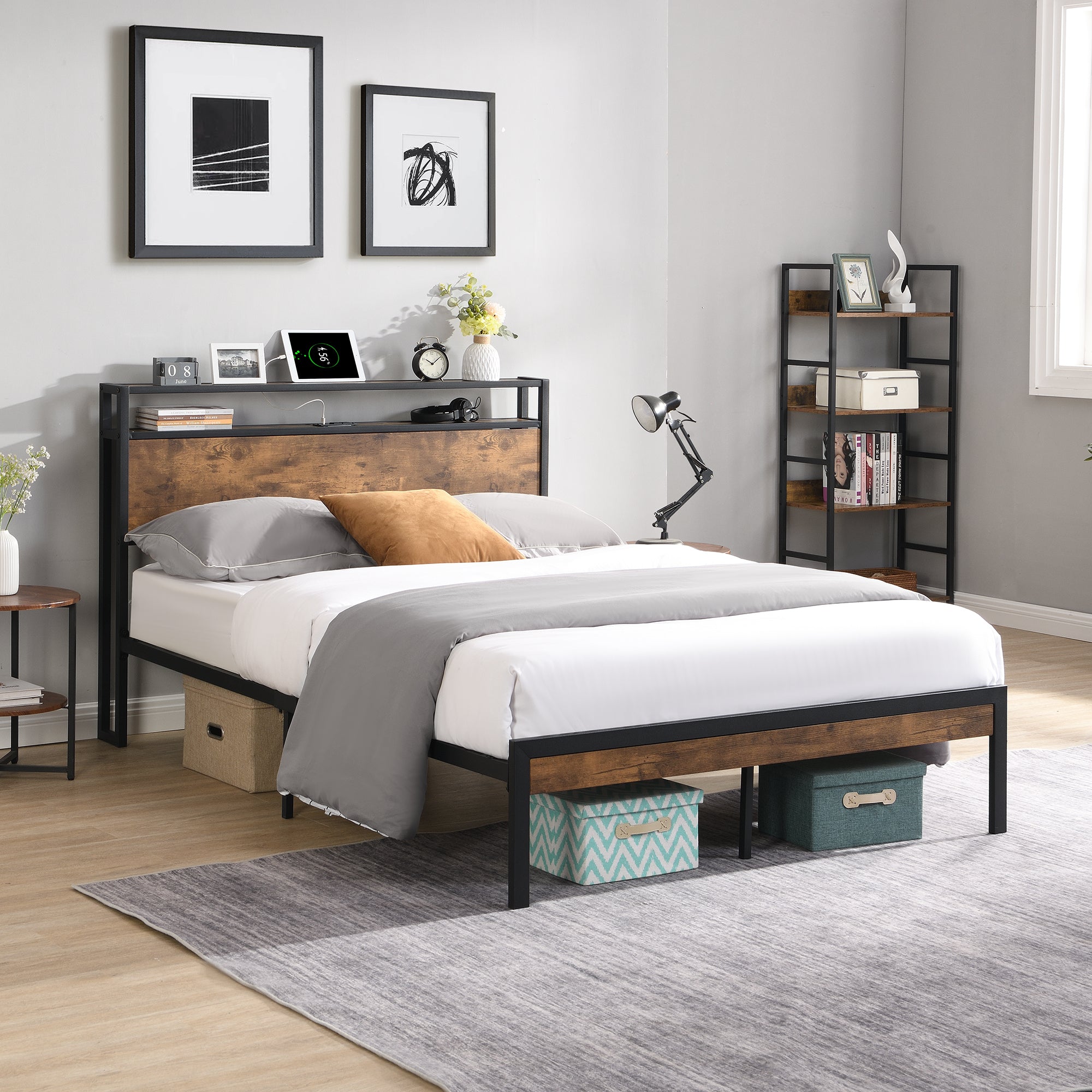 King Size Metal Platform Bed Frame with Wooden Headboard and Footboard with USB LINER, No Box Spring Needed, Large Under Bed Storage, Easy Assemble King Size Metal Platform Bed Frame with Wooden Headboard and Footboard with USB LINER, No Box Spring Needed, Large Under Bed Storage, Easy Assemble
