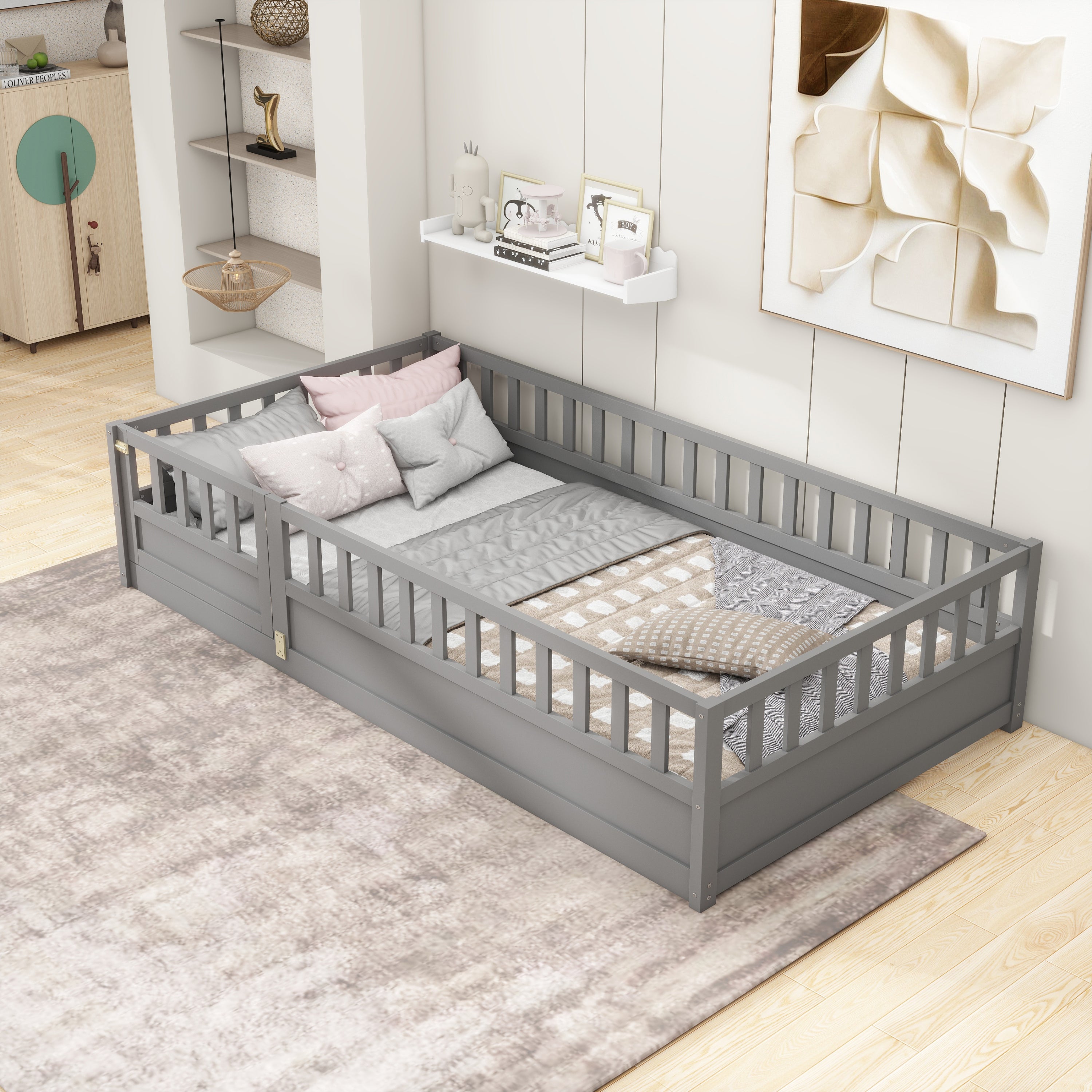 Twin Size Floor bed, integral construction with super high security barrier, door, children's floor bed frame, Montessori wooden children's floor bed, Support slat Grey Twin Size Floor bed, integral construction with super high security barrier, door, children's floor bed frame, Montessori wooden children's floor bed, Support slat Grey