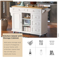 53" Kitchen cart with Rubber wood desktop rolling mobile kitchen island with storage and 5 draws, White