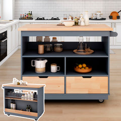 Rolling Kitchen Island with Wood Top, Wine & Spice Rack, Grey Blue