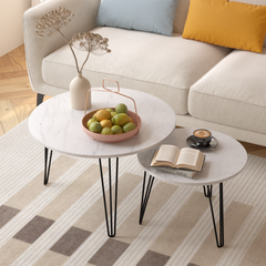 27.56'' Round Nesting Coffee Table Set of 2, Circular Nesting End Table Set, Round Marble Tabletop, and Sturdy Metal Base for Living Room, bedroom, White