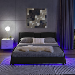 Queen Led Bed Frame Modern Faux Leather Upholstered Platform Bed Frame with RGB LED Lights and Headboard Wave Like Curve Low Profile Bed Frame,Wood Slats Support,Easy Assembly, Black