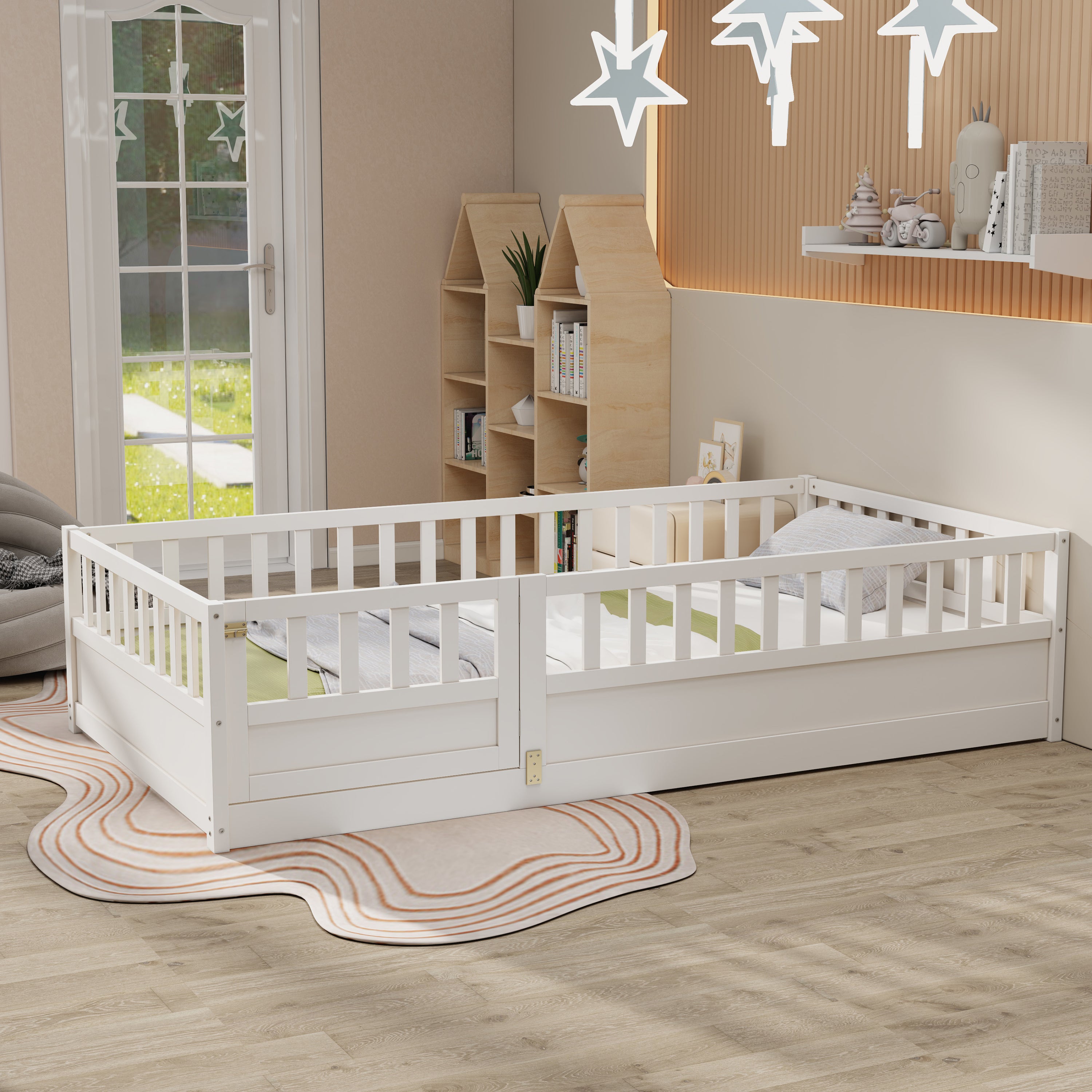 Twin Size Floor bed, integral construction with super high security barrier, door, children's floor bed frame, Montessori wooden children's floor bed, Support slat white Twin Size Floor bed, integral construction with super high security barrier, door, children's floor bed frame, Montessori wooden children's floor bed, Support slat white