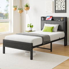 Twin Bed Frame with Storage Headboard & Charging Station
