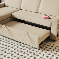 85.8" Pull Out Sleeper Sofa L-Shaped Couch Convertible Sofa Bed with Storage Chaise And Storage Racks,With USB Port And T-pyce Port