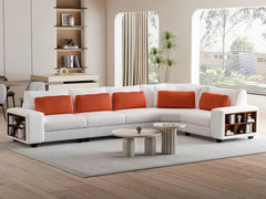 Modular L-Shaped Sofa with Wooden Frame & Armrest Locker, Beige
