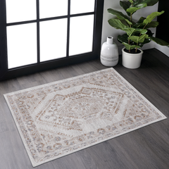 2x3 Bordered Area Rug Cream Ivory Non-Shedding Stain Resistant Accent Carpet for Entryway Bedroom Living Room