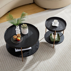 2-Tier Nesting Coffee Table Set, Modern Round Side Tables for Living Room, Black MDF