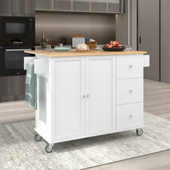 Rolling Mobile Kitchen Island with Solid Wood Top, Locking Wheels, White
