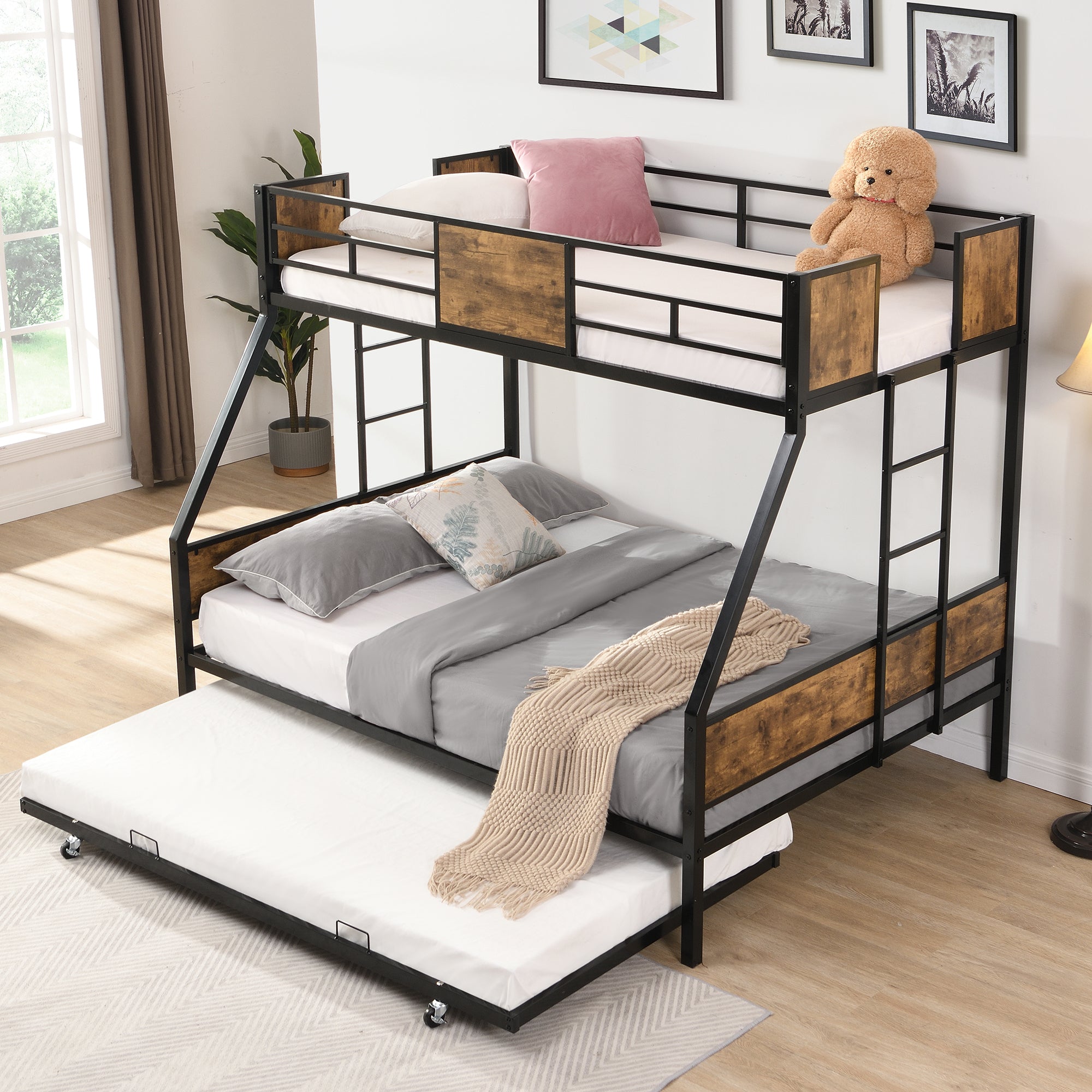Twin Over FULL  Metal Bunk Bed  with Trundle  2 - Side Ladder and Full-Length Guardrail, No Box Spring Needed, Large Under Bed Storage, Easy Assemble , Black &  Brown Twin Over FULL  Metal Bunk Bed  with Trundle  2 - Side Ladder and Full-Length Guardrail, No Box Spring Needed, Large Under Bed Storage, Easy Assemble , Black &  Brown
