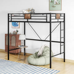 Metal Twin Loft Bed Frame with Stairs & Guardrail - Black