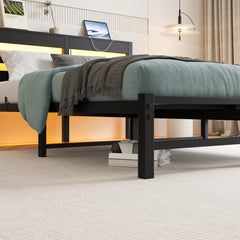 Full Metal Bed Frame with Wooden Headboard, RGB Lights & Storage