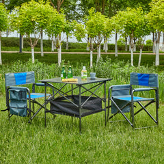 3-Piece Folding Table Chairs Set Patio Garden for Camping, BBQ & Backyard, Black/Blue