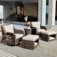 K&K 5-Piece Outdoor Patio Furniture Set with Pet House Cool Bar, Rattan Wicker Swivel Rocking Chairs and Ottomans for Backyard and Porch, Beige