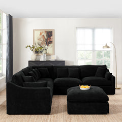 6-Seats Modular L-Shaped Sectional Sofa with Ottoman,10 Pillows, Oversized Upholstered Couch w/Removabled Down-Filled Seat Cushion for Living Room, Chenille Black