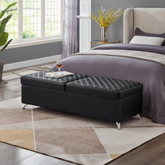 56.7" Bed Bench with Storage Black Leather