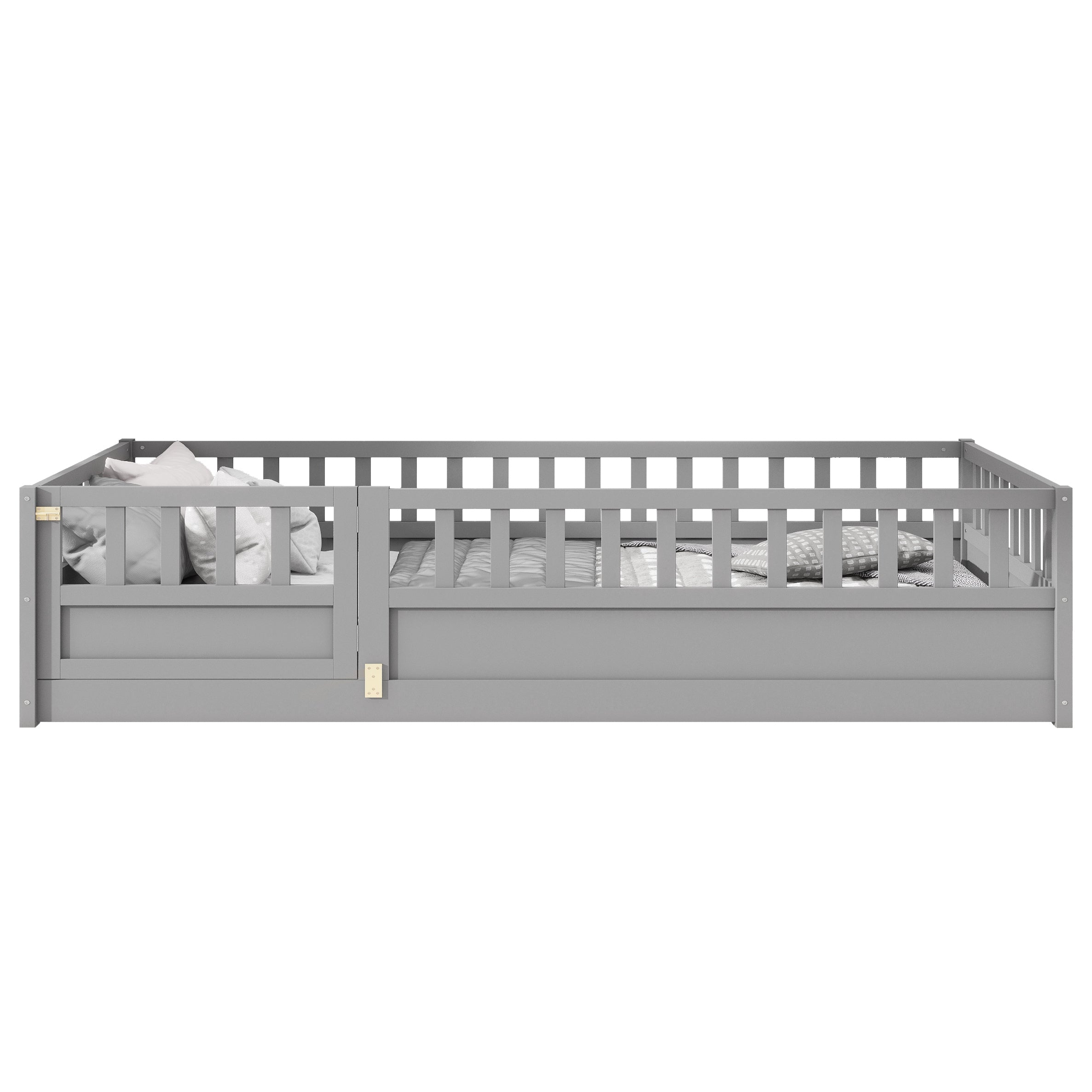 Twin Size Floor bed, integral construction with super high security barrier, door, children's floor bed frame, Montessori wooden children's floor bed, Support slat Grey Twin Size Floor bed, integral construction with super high security barrier, door, children's floor bed frame, Montessori wooden children's floor bed, Support slat Grey