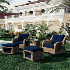 K&K 5-Piece Outdoor Patio Set with Swivel Chairs & Ottomans with Pet House, Navy Blue