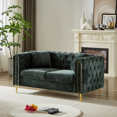 60-Inch Chenille Pull Buckle Design Sofa for Living Room,Buttons Tufted With Copper Nail Decoration Armrest, Modern Couch Upholstered Button And Metal Legs