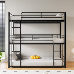 Triple Twin Bunk Bed Frame, Metal with Guardrail, Black