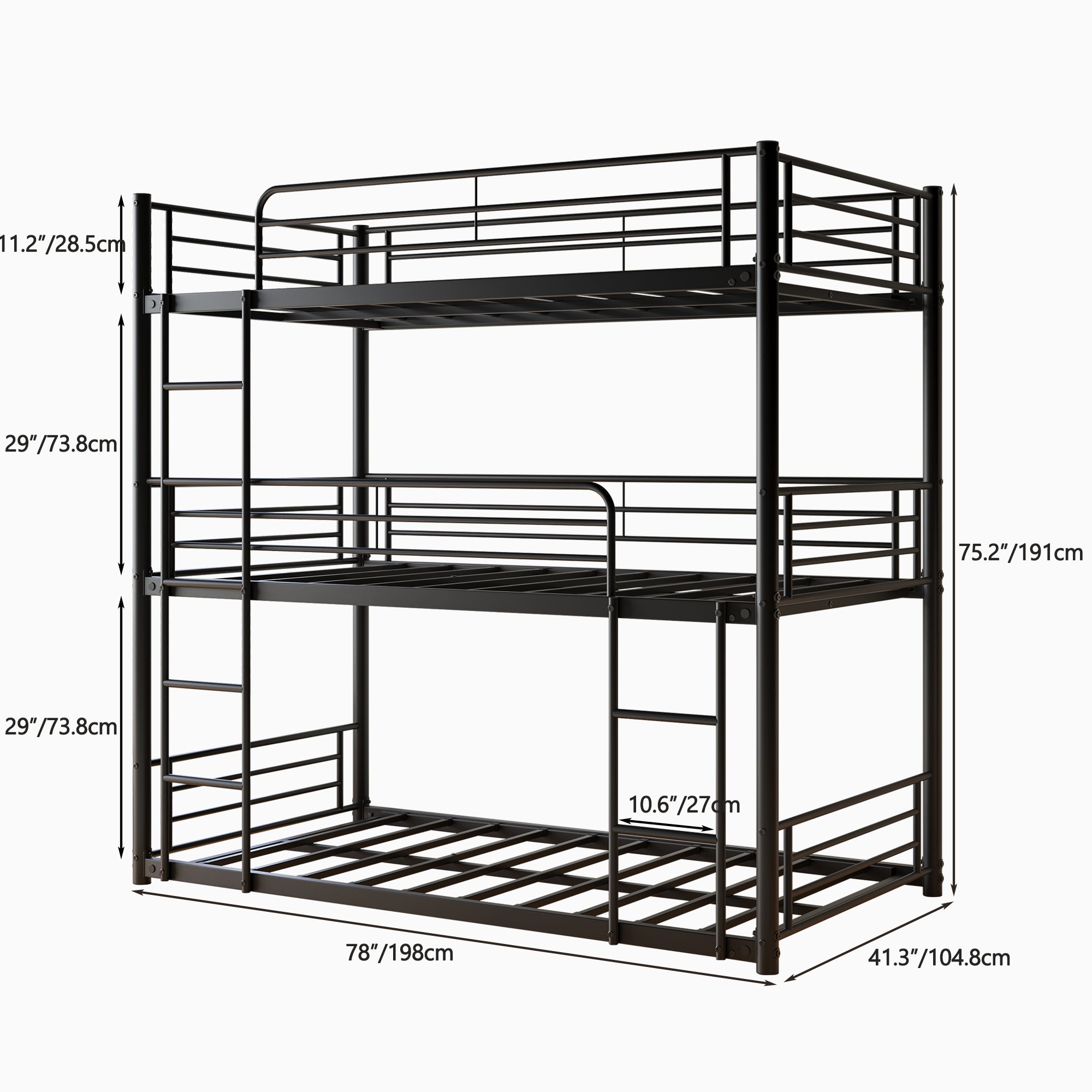 Triple Twin Bunk Bed Frame, Metal with Guardrail, Black Triple Twin Bunk Bed Frame, Metal with Guardrail, Black