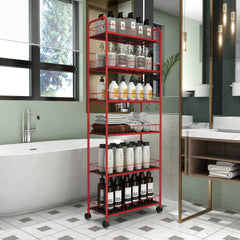 Red 6-Tier Rolling Storage Cart, Mobile Shelving with Baskets