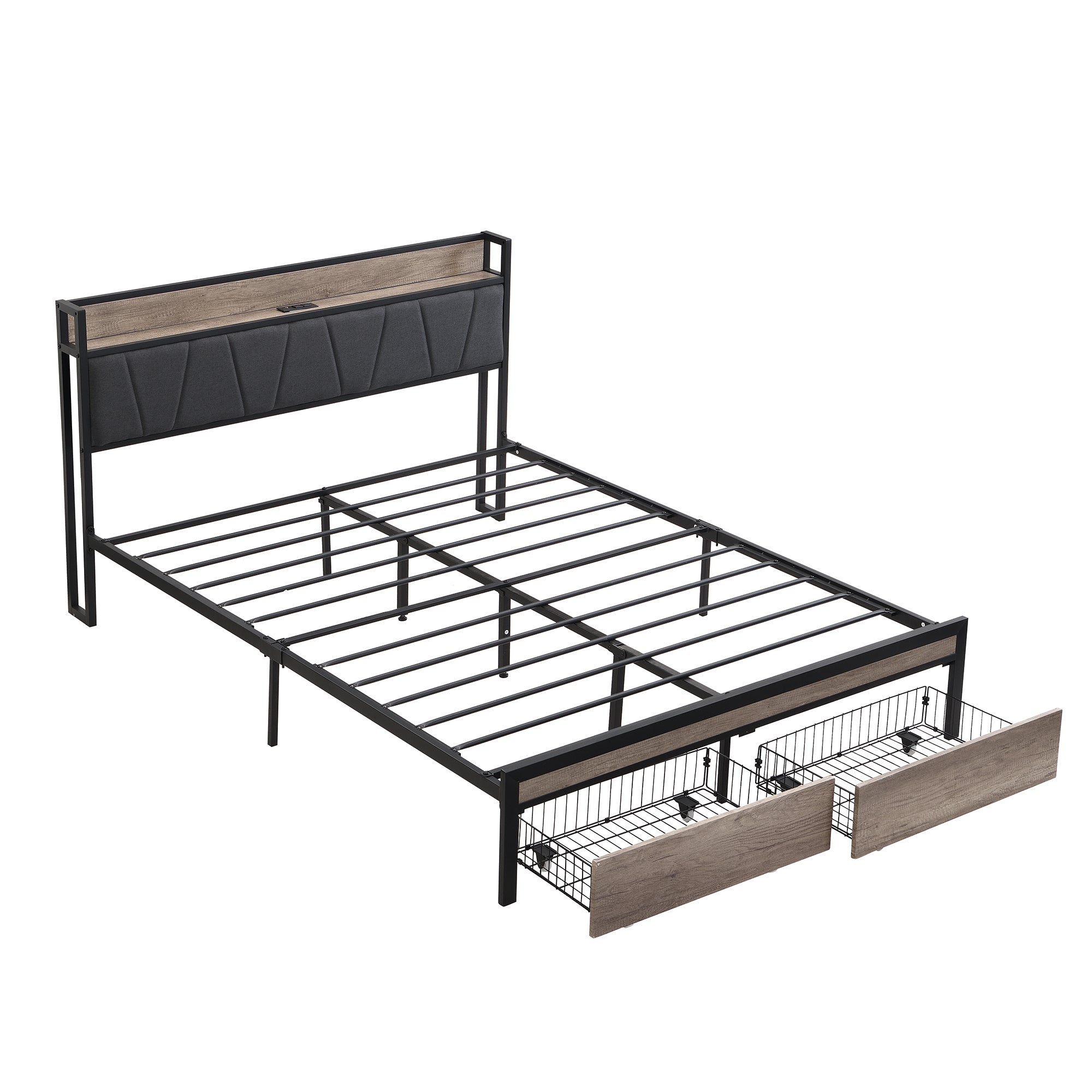Queen Size  Metal Platform Bed Frame with upholstery storage function Headboard   and USB LINER  and Footboard with drawers , No Box Spring Needed, Large Under Bed Storage, Easy Assemble Queen Size  Metal Platform Bed Frame with upholstery storage function Headboard   and USB LINER  and Footboard with drawers , No Box Spring Needed, Large Under Bed Storage, Easy Assemble