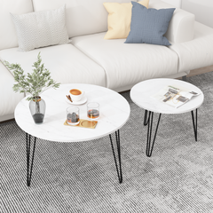 27.56'' Round Nesting Coffee Table Set of 2, Circular Nesting End Table Set, Round Marble Tabletop, and Sturdy Metal Base for Living Room, bedroom, White