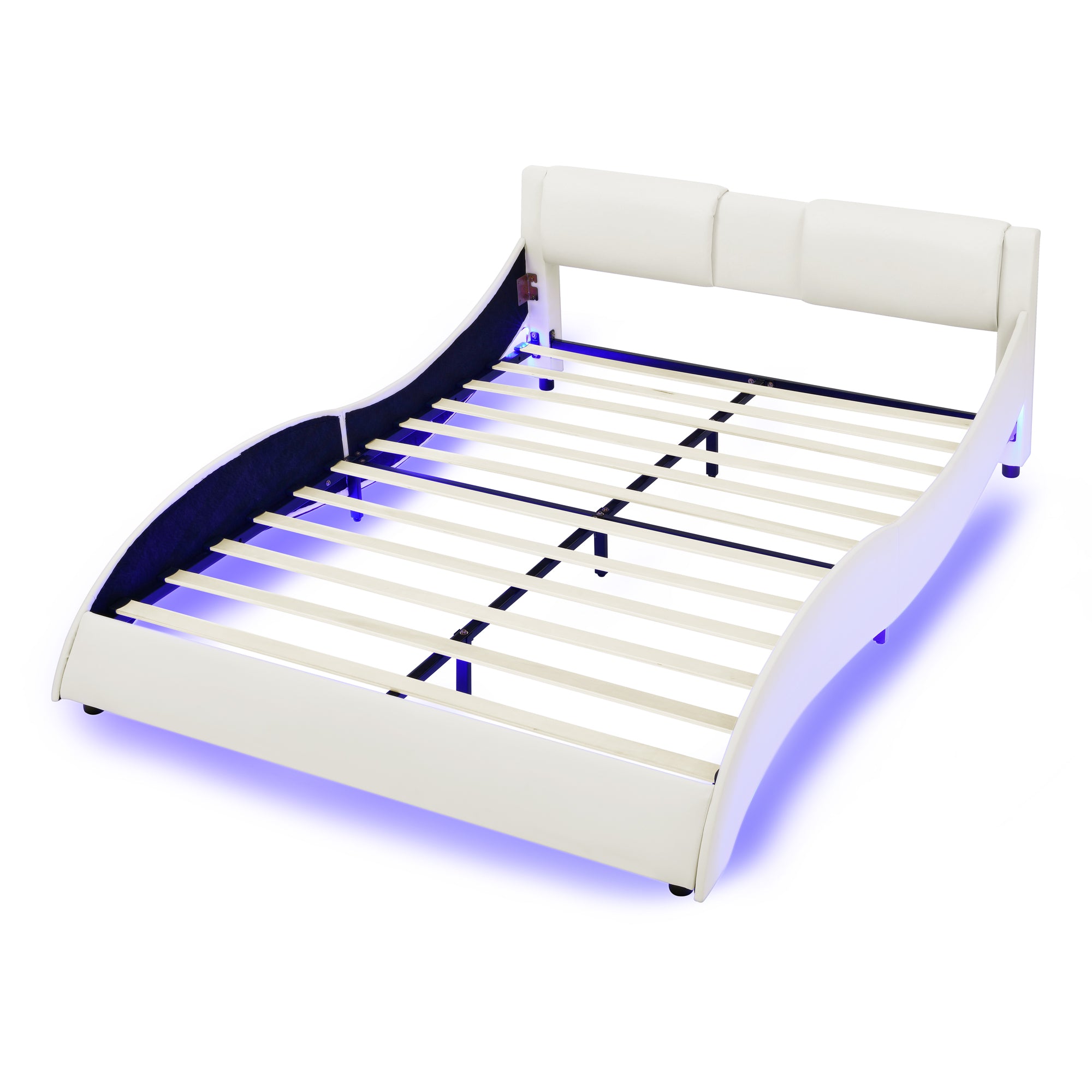 Queen Led Bed Frame Modern Faux Leather Upholstered Platform Bed Frame with RGB LED Lights and Headboard Wave Like Curve Low Profile Bed Frame,Wood Slats Support,Easy Assembly, White Queen Led Bed Frame Modern Faux Leather Upholstered Platform Bed Frame with RGB LED Lights and Headboard Wave Like Curve Low Profile Bed Frame,Wood Slats Support,Easy Assembly, White