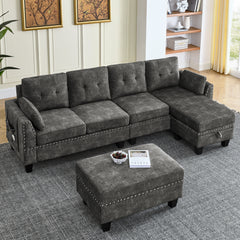 Sectional 3-Seaters Sofa ,Double-sided multi-functional footstool, storage mat , Non-slip leg, two pillows, Velvet, Dark grey