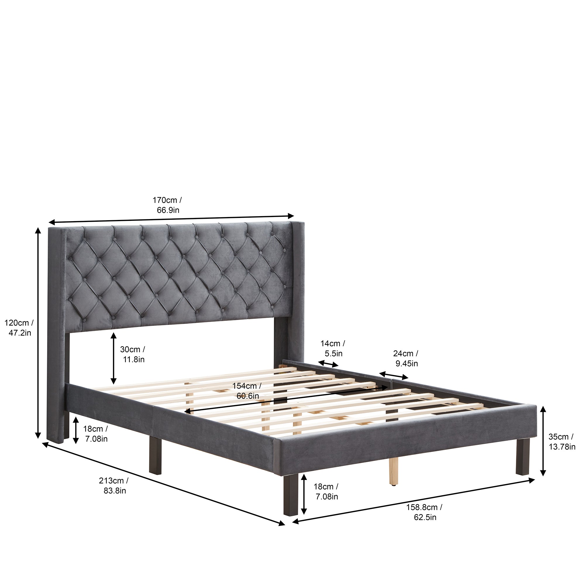 Velvet Button Tufted-Upholstered Bed with Wings Design - Strong Wood Slat Support - Easy Assembly - Gray, Queen, platform bed Velvet Button Tufted-Upholstered Bed with Wings Design - Strong Wood Slat Support - Easy Assembly - Gray, Queen, platform bed