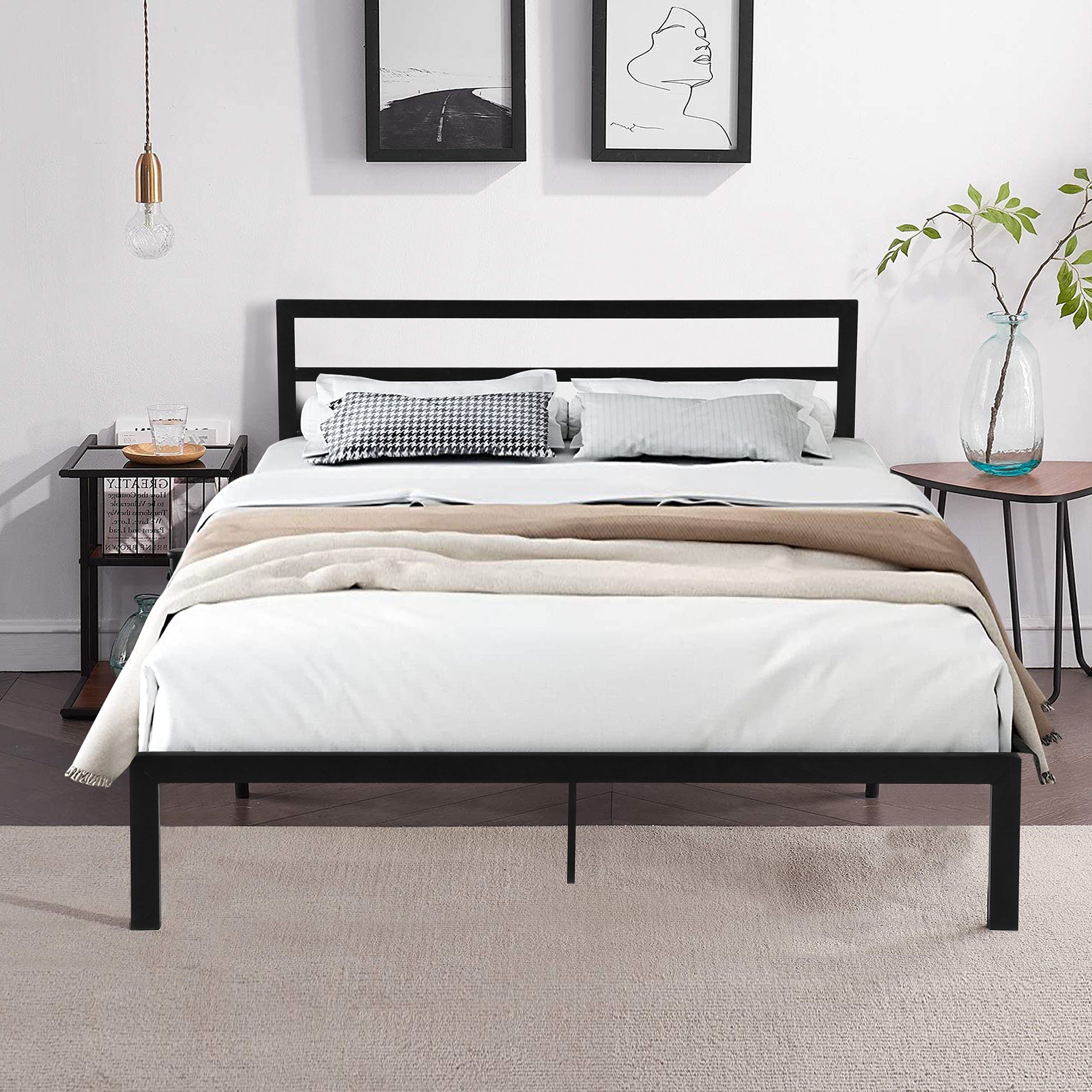 Queen Size Metal Bed Frame with Headboard Black Queen Size Metal Bed Frame with Headboard Black