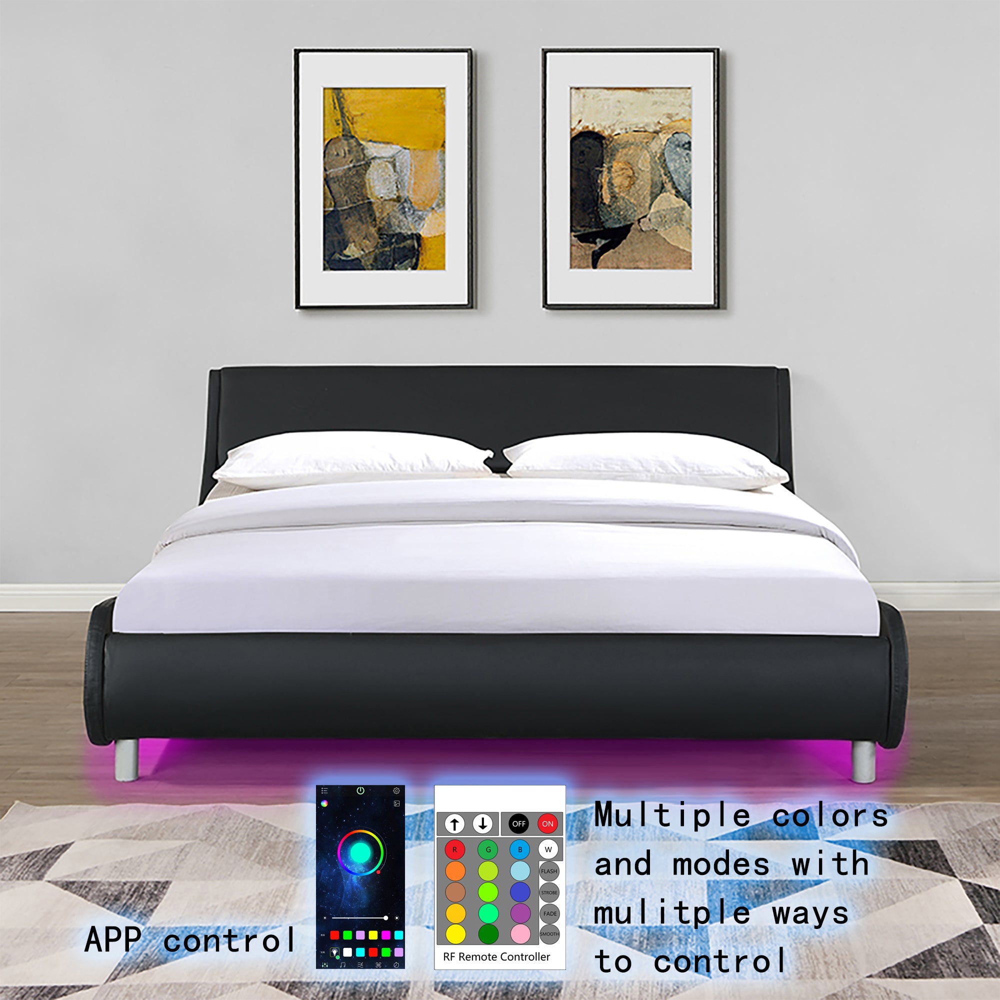 Faux Leather Upholstered Platform Bed Frame,LED lighting with remote controller and APP,Curve Design,Wood Slat Support,No Box Spring Needed,Easy Assemble,Queen Size,Black Faux Leather Upholstered Platform Bed Frame,LED lighting with remote controller and APP,Curve Design,Wood Slat Support,No Box Spring Needed,Easy Assemble,Queen Size,Black