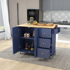 52.7" Rolling Mobile Kitchen Island with Drop Leaf - Solid Wood Top, Locking Wheels & Storage Cabinet, Dark blue