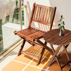 3-Piece Acacia Wood Bistro Set, Wooden Folding Patio Furniture for Garden Backyard Balcony Porch w/ 1 Coffee Table and 2 Foldable Chairs, Light Brown