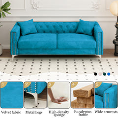 Luxurious 83" Blue Velvet 3-Seater Sofa with 2 Pillows - Perfect Design for Living Room