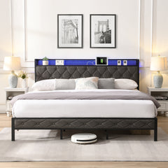 King Bed Frame with Storage, LED Lights & USB Charging