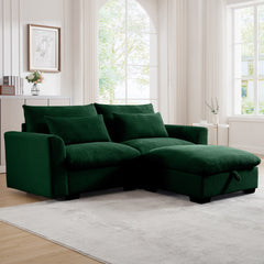Sectional Sofa Comfy Corduroy Couch for Living Room with Pillows and Round Armrests, Modern Corduroy Sofa Sleeper Deep Couches with Storage Ottoman (Green, 2-Seat)