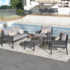 K&K 4-Piece Patio Conversation Set with Tempered Glass Table for Backyard in Gray