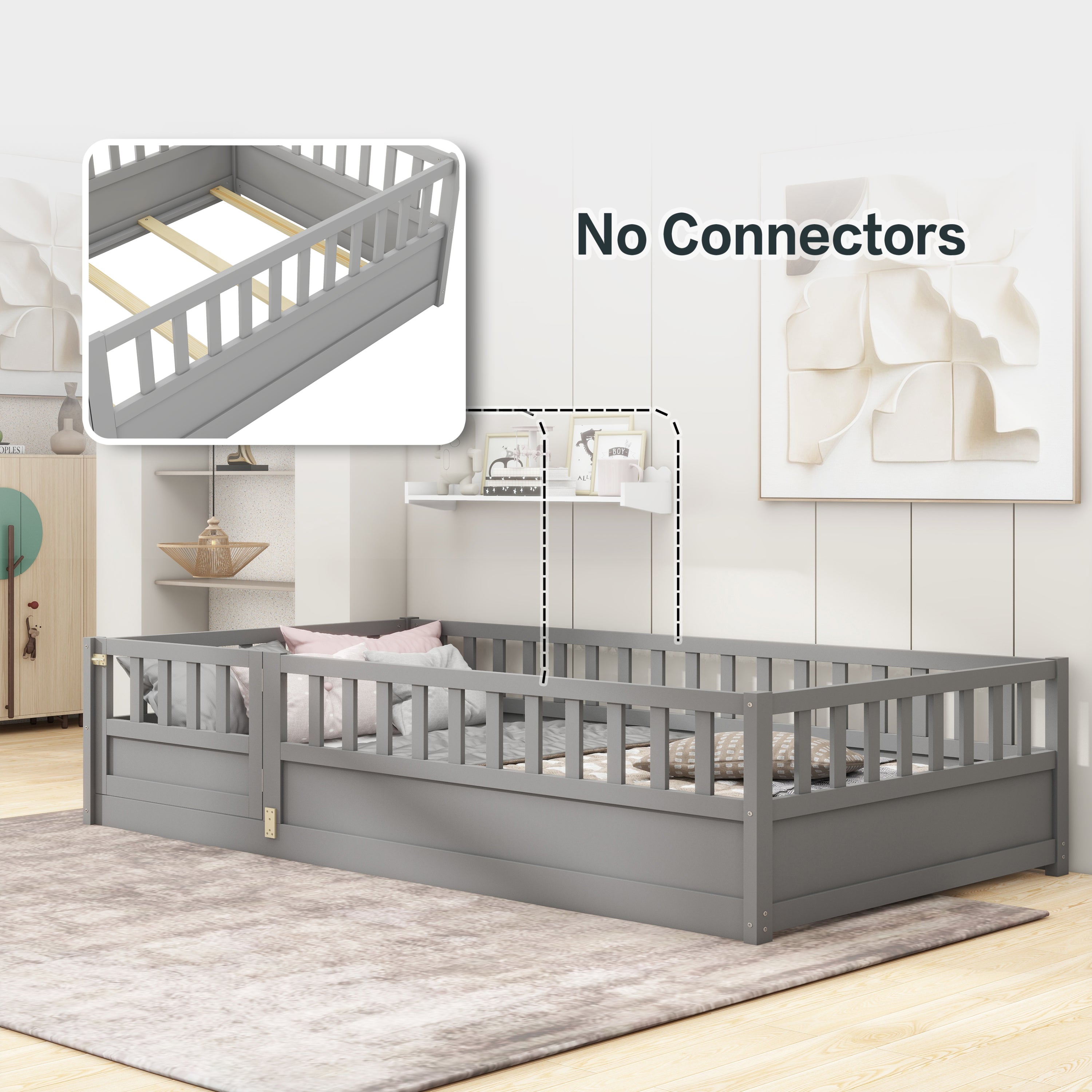 Twin Size Floor bed, integral construction with super high security barrier, door, children's floor bed frame, Montessori wooden children's floor bed, Support slat Grey Twin Size Floor bed, integral construction with super high security barrier, door, children's floor bed frame, Montessori wooden children's floor bed, Support slat Grey