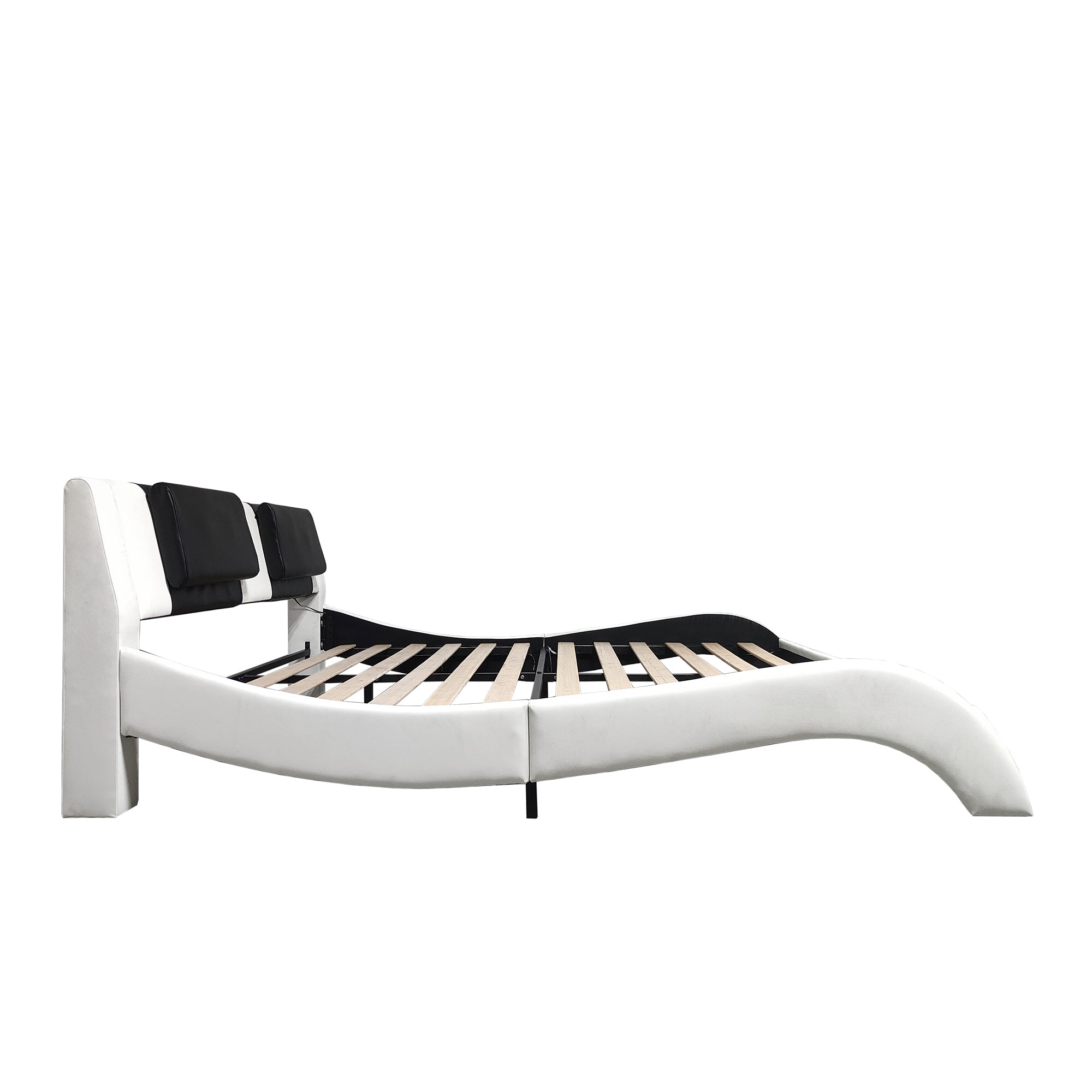Faux Leather Upholstered Platform Bed Frame with led lighting, Bluetooth connection to play music control, Backrest vibration massage, Curve Design, Wood Slat Support, One-Carton Package, Queen Faux Leather Upholstered Platform Bed Frame with led lighting, Bluetooth connection to play music control, Backrest vibration massage, Curve Design, Wood Slat Support, One-Carton Package, Queen