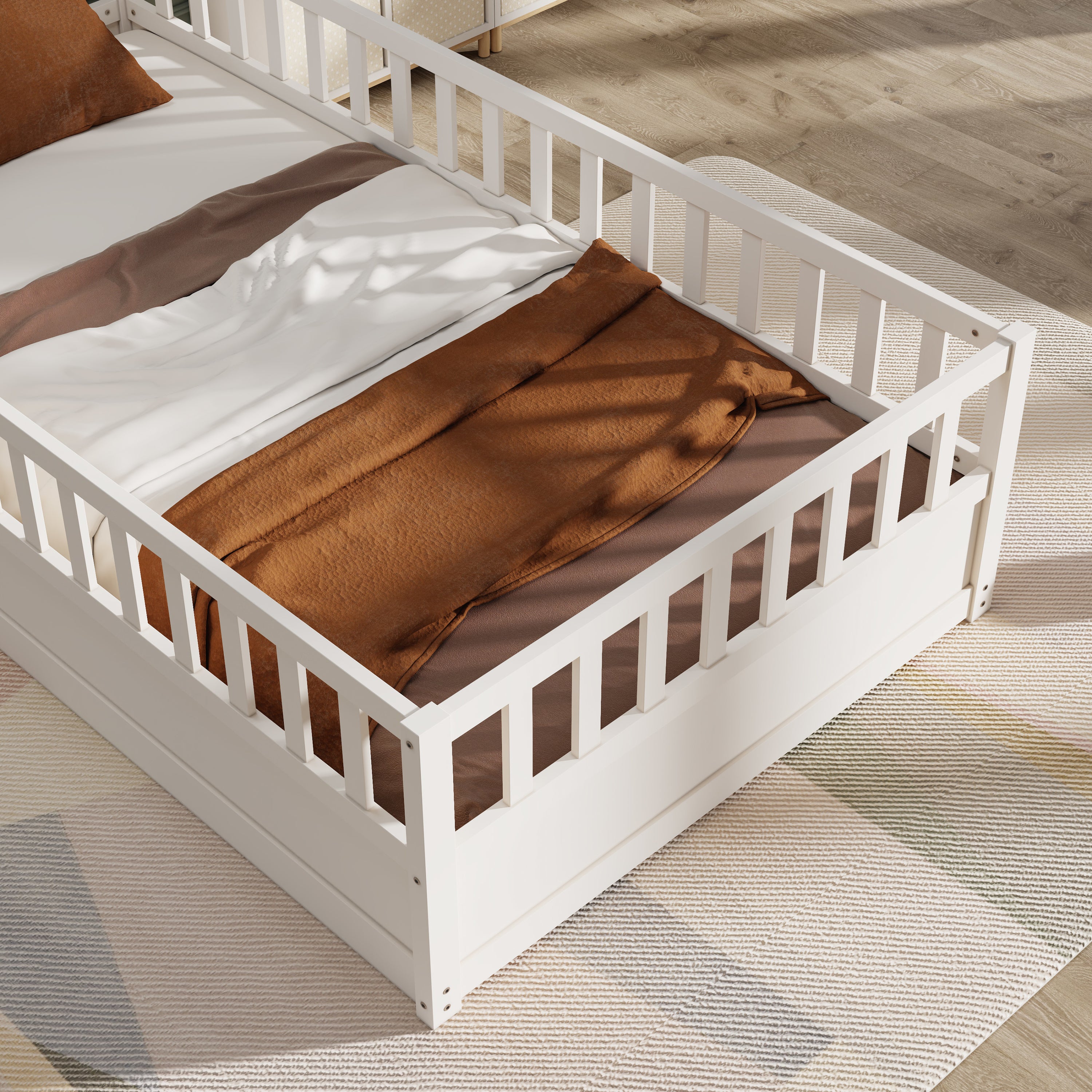 Twin Size Floor bed, integral construction with super high security barrier, door, children's floor bed frame, Montessori wooden children's floor bed, white Twin Size Floor bed, integral construction with super high security barrier, door, children's floor bed frame, Montessori wooden children's floor bed, white