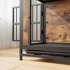 Wooden Dog Crate Table, 32.8" with Sliding Doors, Rustic Brown