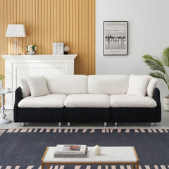 95.3" Beige Black Teddy Fleece Sofa With Two Throw Pillows - 3 Seat Sofa for Living Room