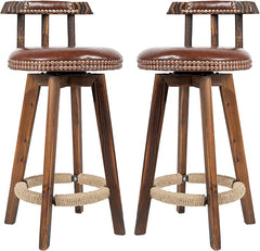 Rustic Faux Leather & Wood Bar Chairs - Set of 2 - Stylish Swivel Stools for Home or Bar FU01004