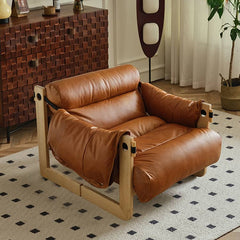 Luxurious Dark Brown Genuine Leather Sofa with Ash Wood Frame - Modern Armchair for Living Room Hersa-1650