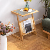 Stunning Natural Wood End Table with Intricate Bamboo and Rattan Weaving - Reeded Glass Top in Elegant Brown Grey hsl-84