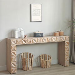 Modern Geometric Wooden Console Table – Natural Wood Finish with Handcrafted 3D Design