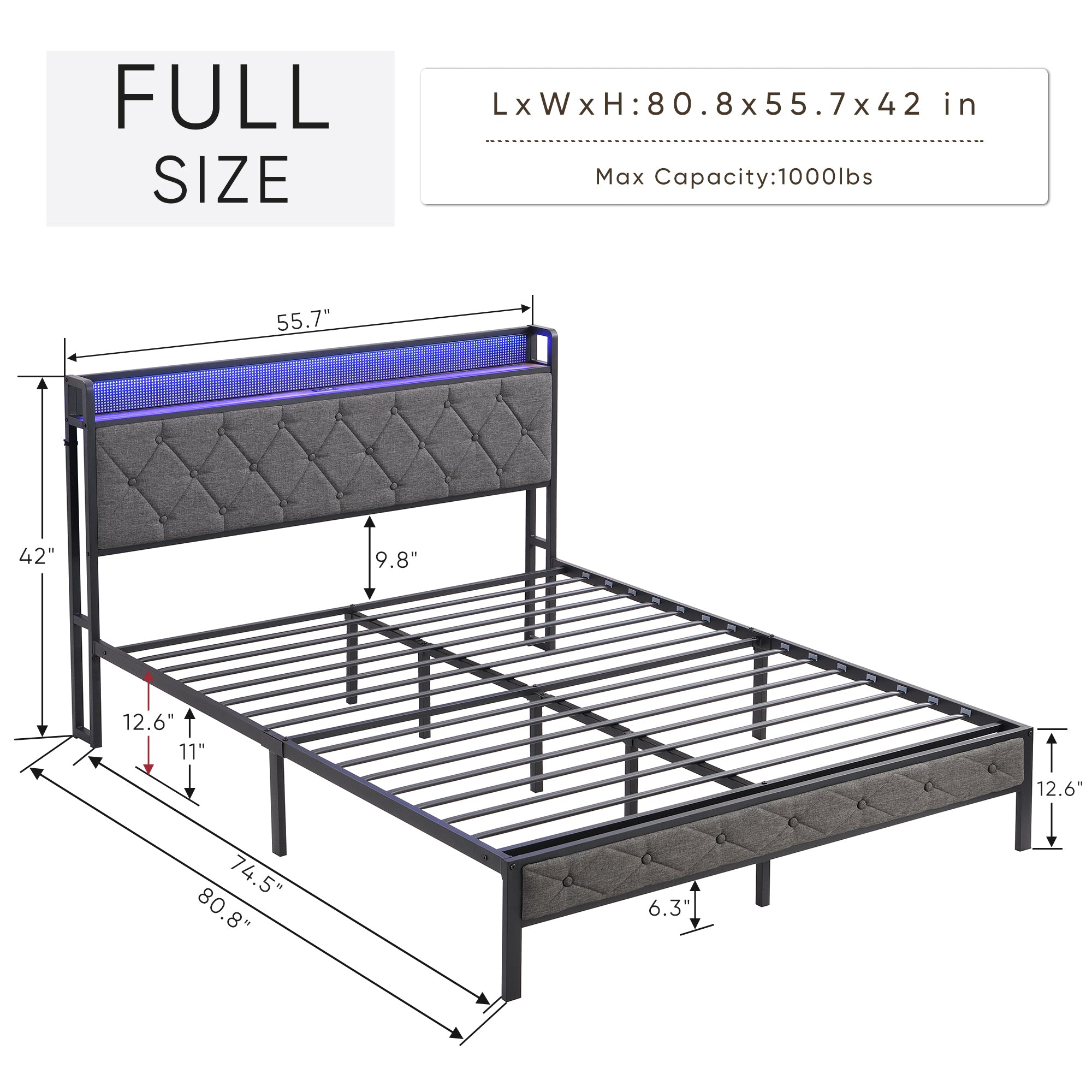 Full Bed Frame with Storage, Charging Station & LED Lights, Gray Full Bed Frame with Storage, Charging Station & LED Lights, Gray