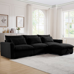Corduroy Sectional Sofa, L Shaped Couch with Storage Footstool and 3 Pillow, Sectional Couch for Living Room Apartment, Black